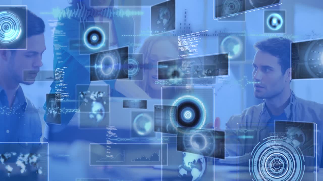 Animation of screens with data processing over business people discussing in office