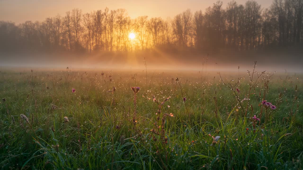 Puiden lähellä nouseva aurinko heittää lämpimiä säteitä sumuisen niityn poikki, kasteisten ruohojen ja vaaleanpunaisten kukkien kimallellessa.