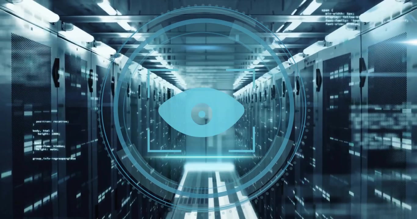 System initiating code drifting server racks, HUD fading, scan bar forming eye, monitoring