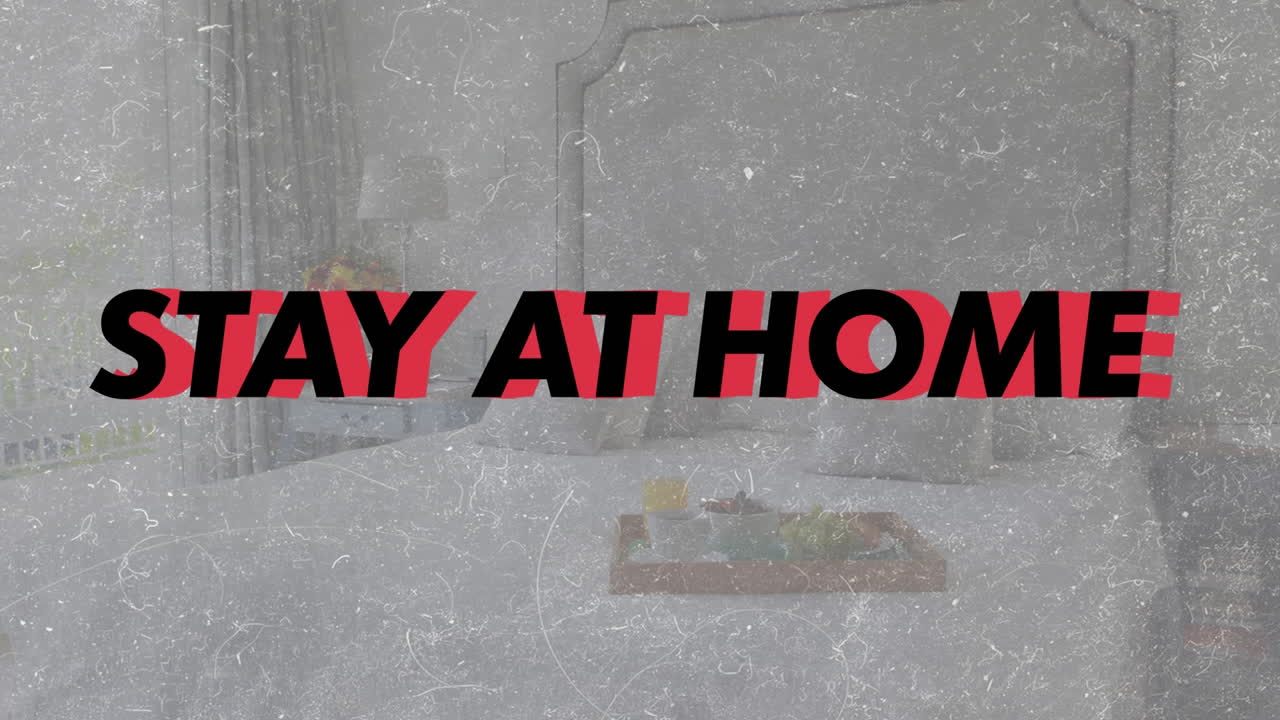 빈 침실을 가로질러 집에 머물러 있는 단어들의 애니메이션