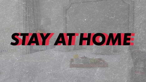 animación de palabras quedarse en casa parpadeando sobre un dormitorio vacío