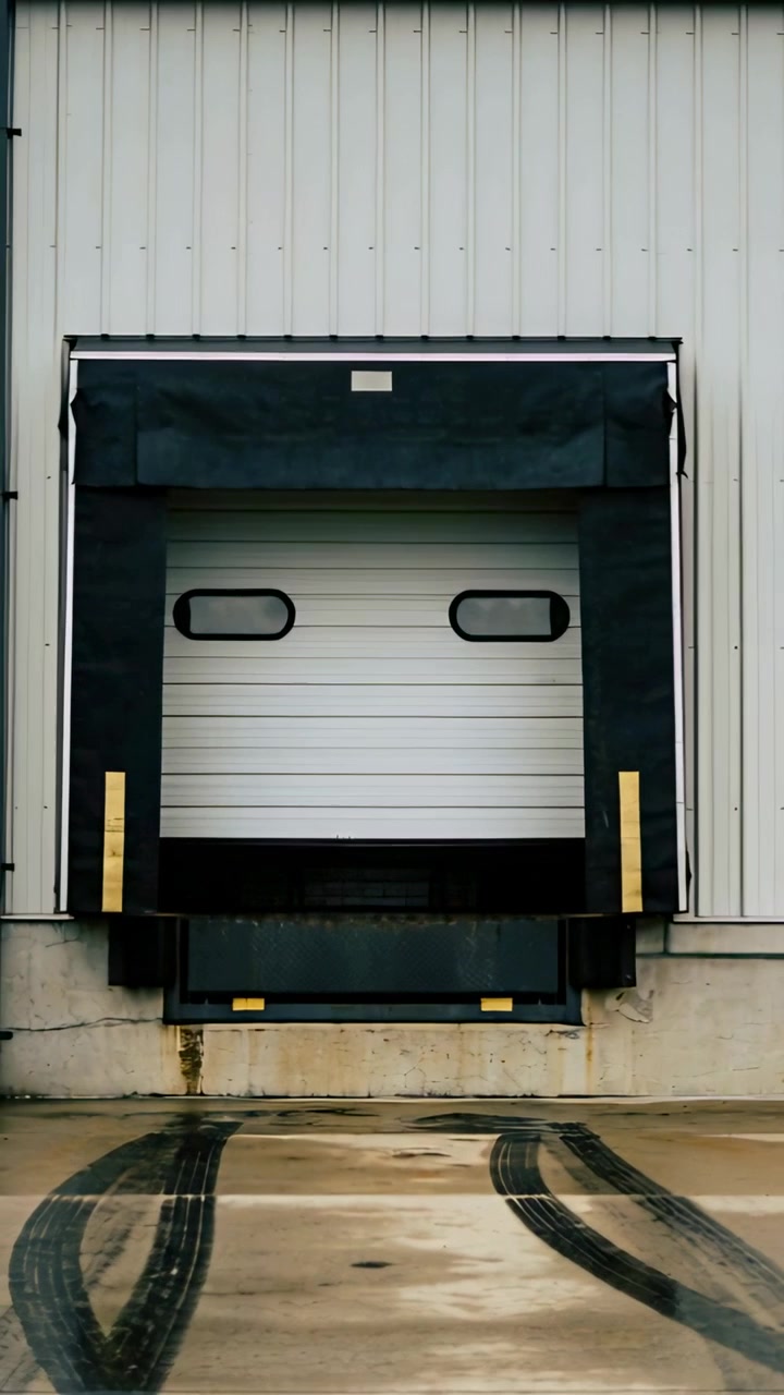 Vertical video: Pulling back camera revealing closed rollup dock at site, exposing wet tire tracks