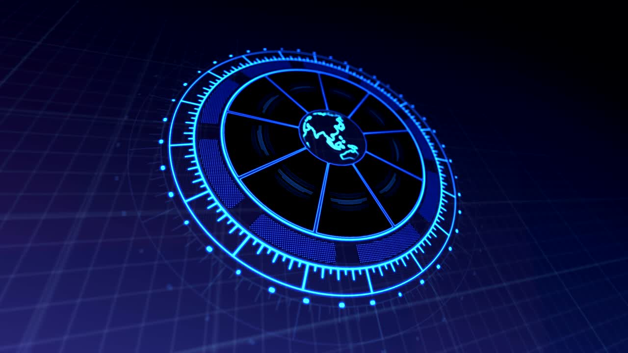 hud interfaz con la tecnología del planeta tierra hacer zoom en las imágenes de video renderizadas en azul oscuro.