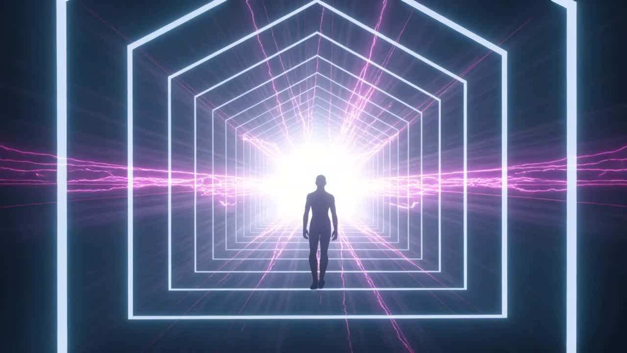 Walking humanoid figure advancing toward bright light inside glowing tunnel, drawn by magenta band