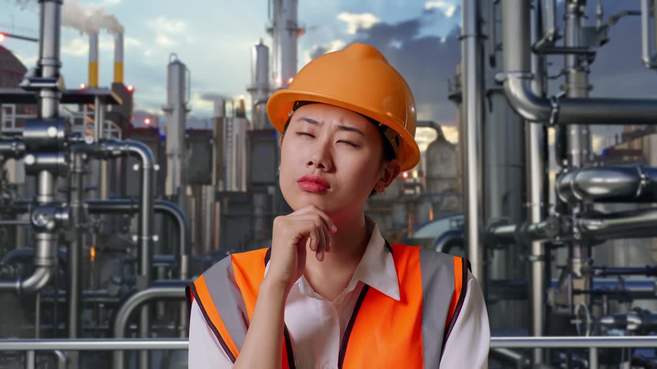 Close Up Of Asian Female Engineer With Safety Helmet Thinking About Something And Looking Around While Standing In a Refinery, Oil Processing Equipment And Machinery