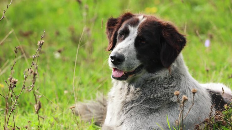 Een Bulgaarse herdershond hijgend terwijl hij op het gras ligt