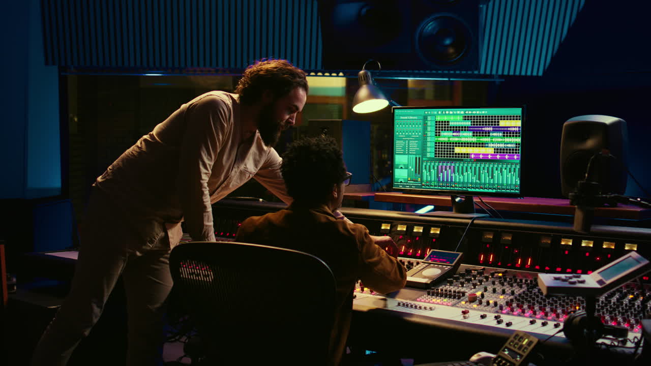 Tracking engineer collaborating with musician to edit sounds in control room
