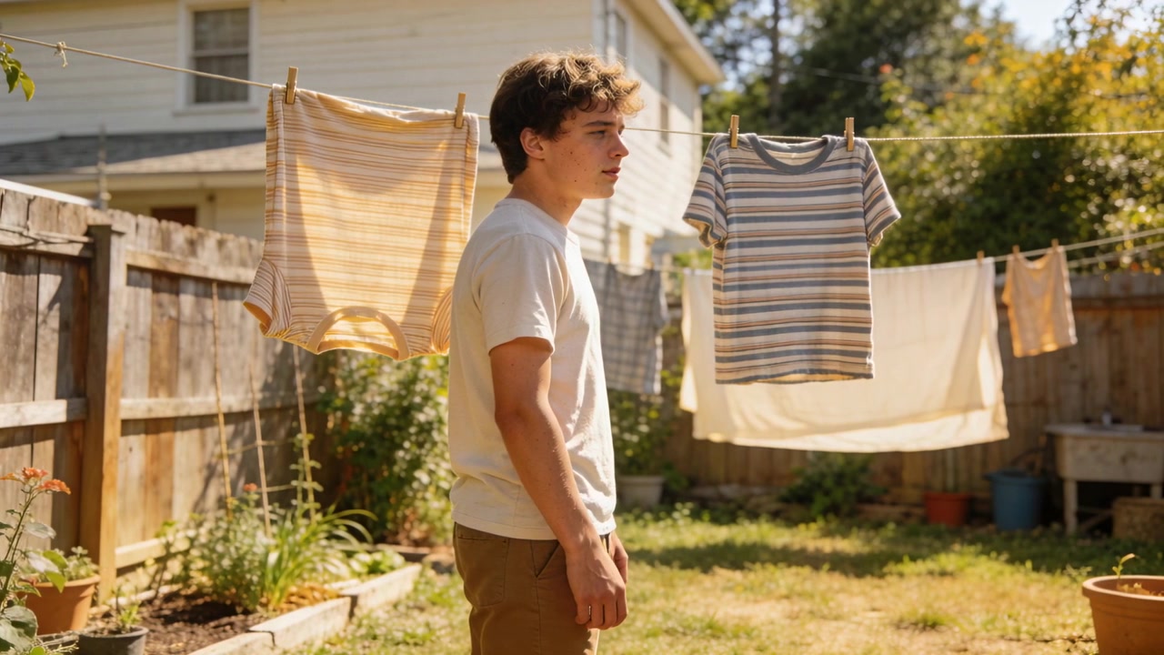 Hearing off-camera noise, teen male in tee and shorts turning right at backyard clothesline