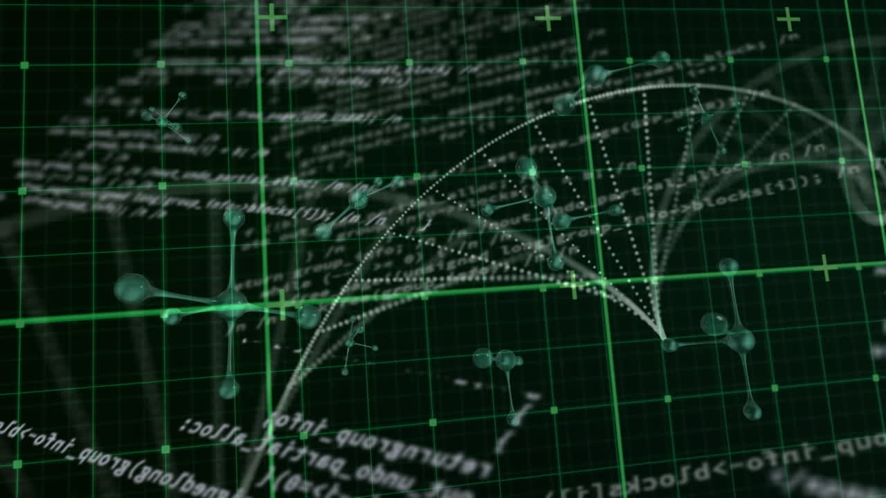 검은 바탕 위의 dna 가닥, 분자 및 데이터 처리 애니메이션