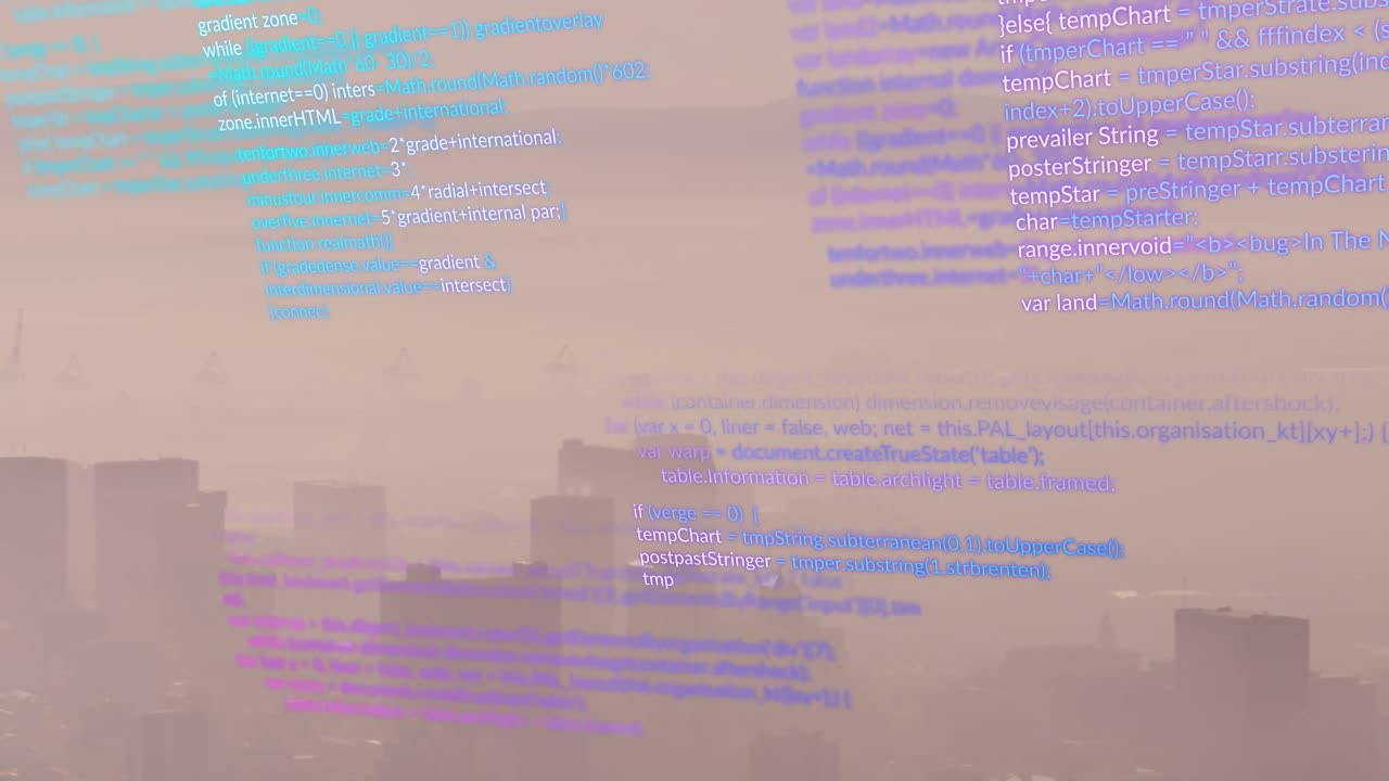 animación del procesamiento de datos frente a una vista aérea del paisaje urbano