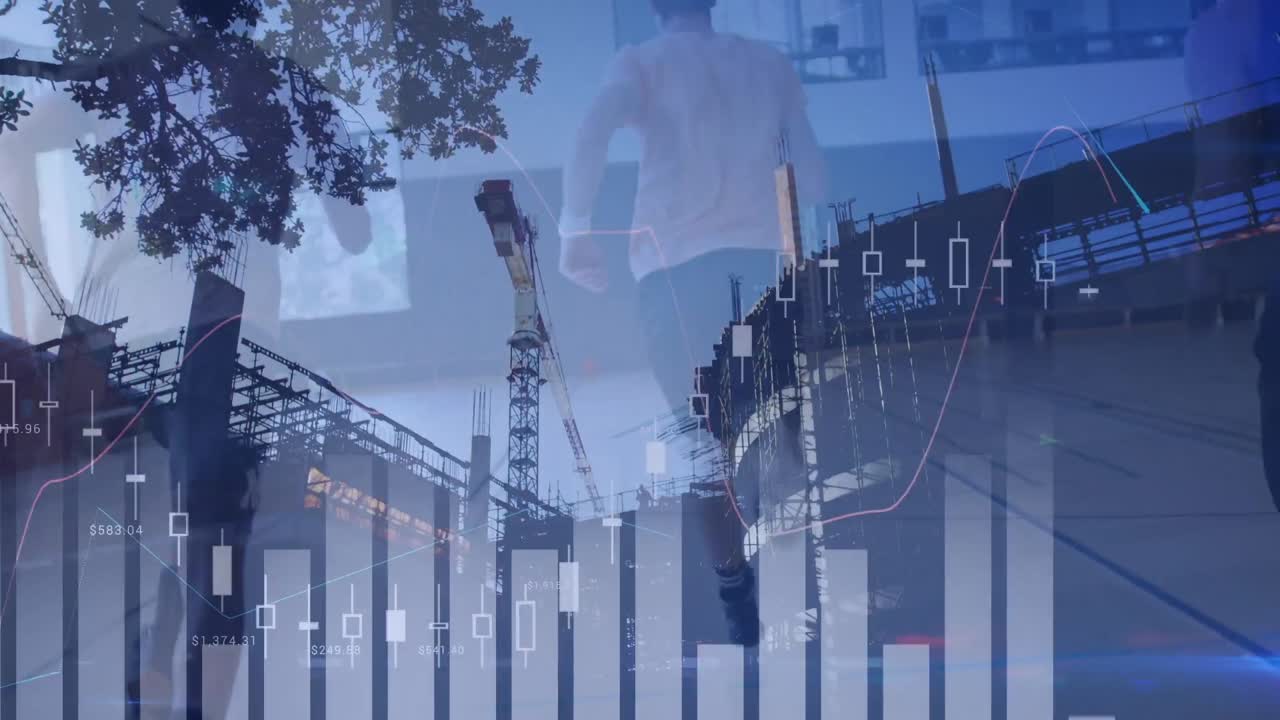 анимация обработки финансовых данных над городским ландшафтом и различными баскетболистами