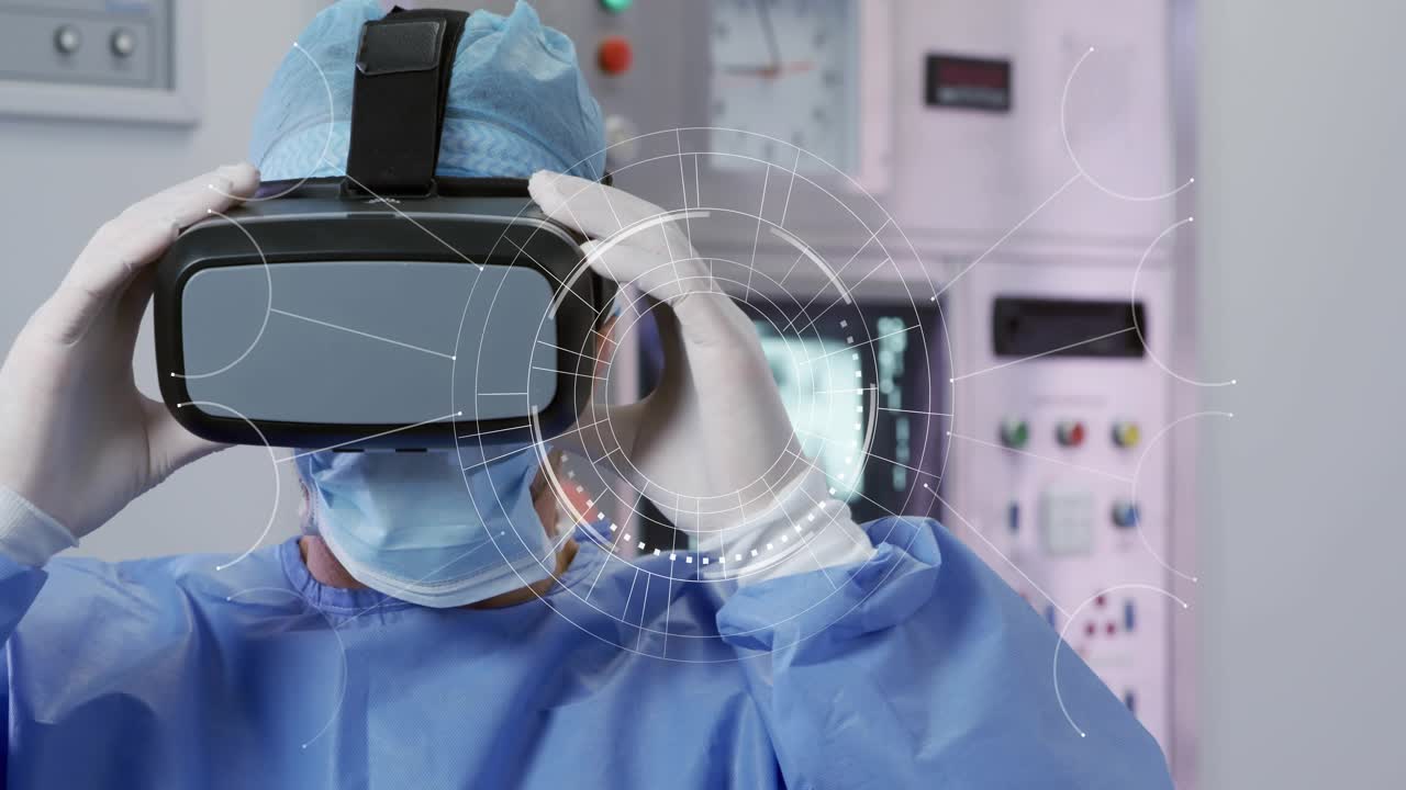 Gloved surgeon holding VR headset adjusting strap in OR, monitors behind, HUD centering for surgery