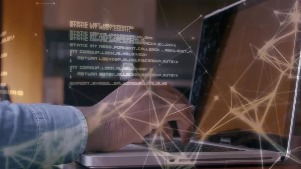 hombre escribiendo en computadora portátil y líneas de conexión y mapa del mundo