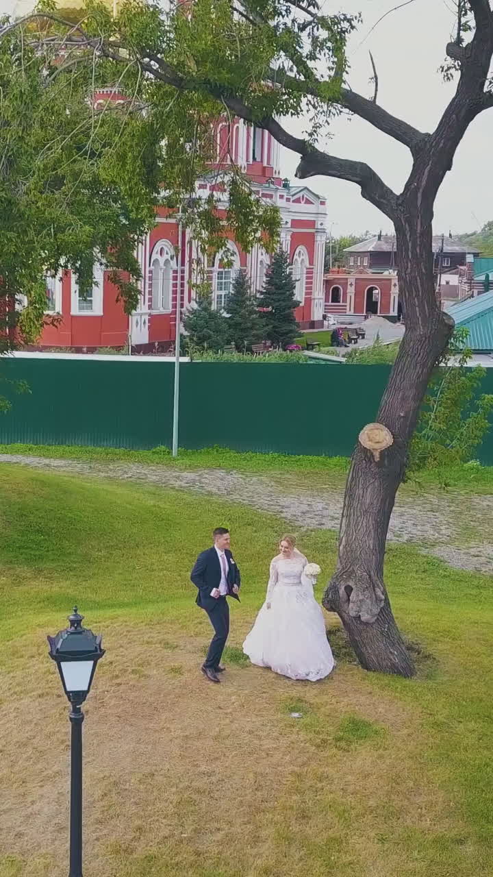 joyful just married couple dances near old tree on green park lawn against pink buildings on warm autumn day upper view