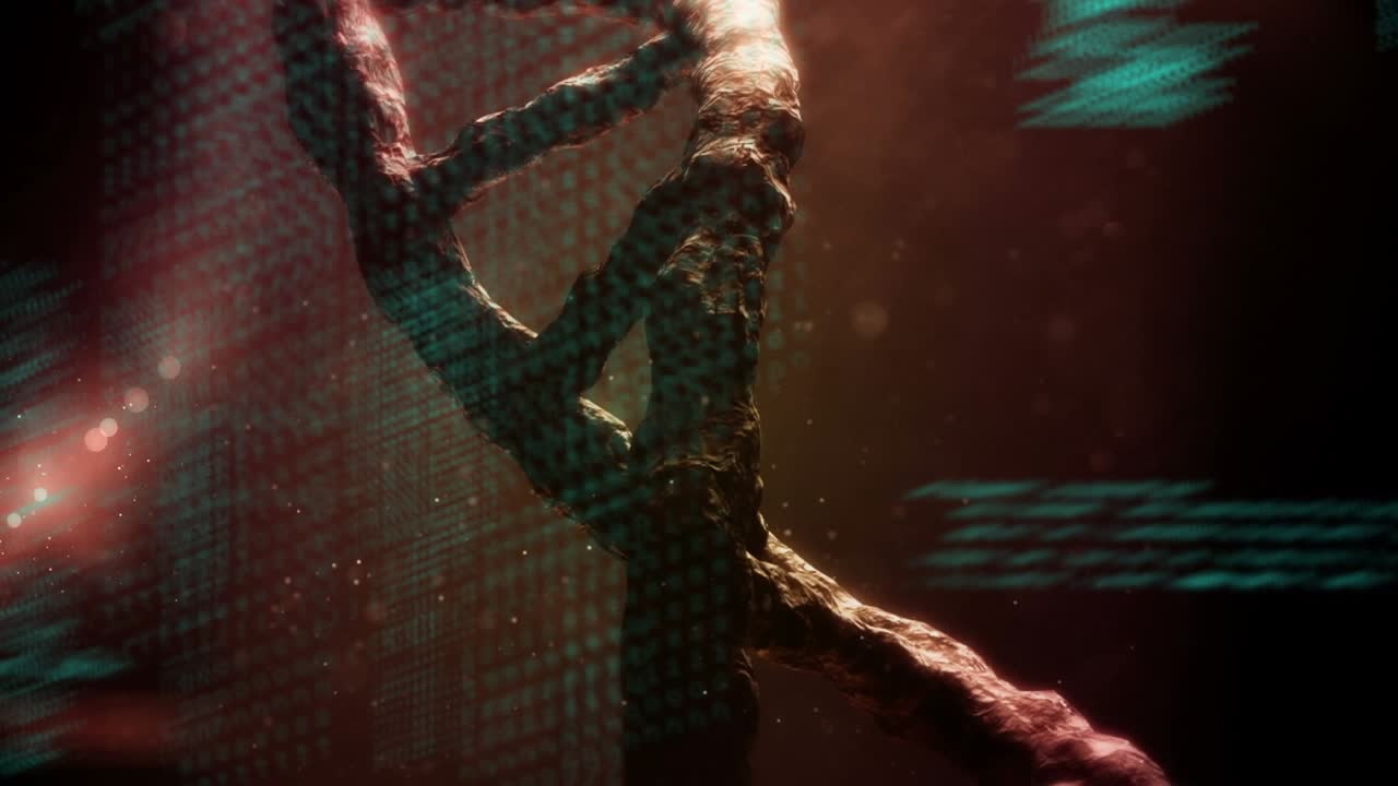 Animation of data processing over 3d dna strand spinning