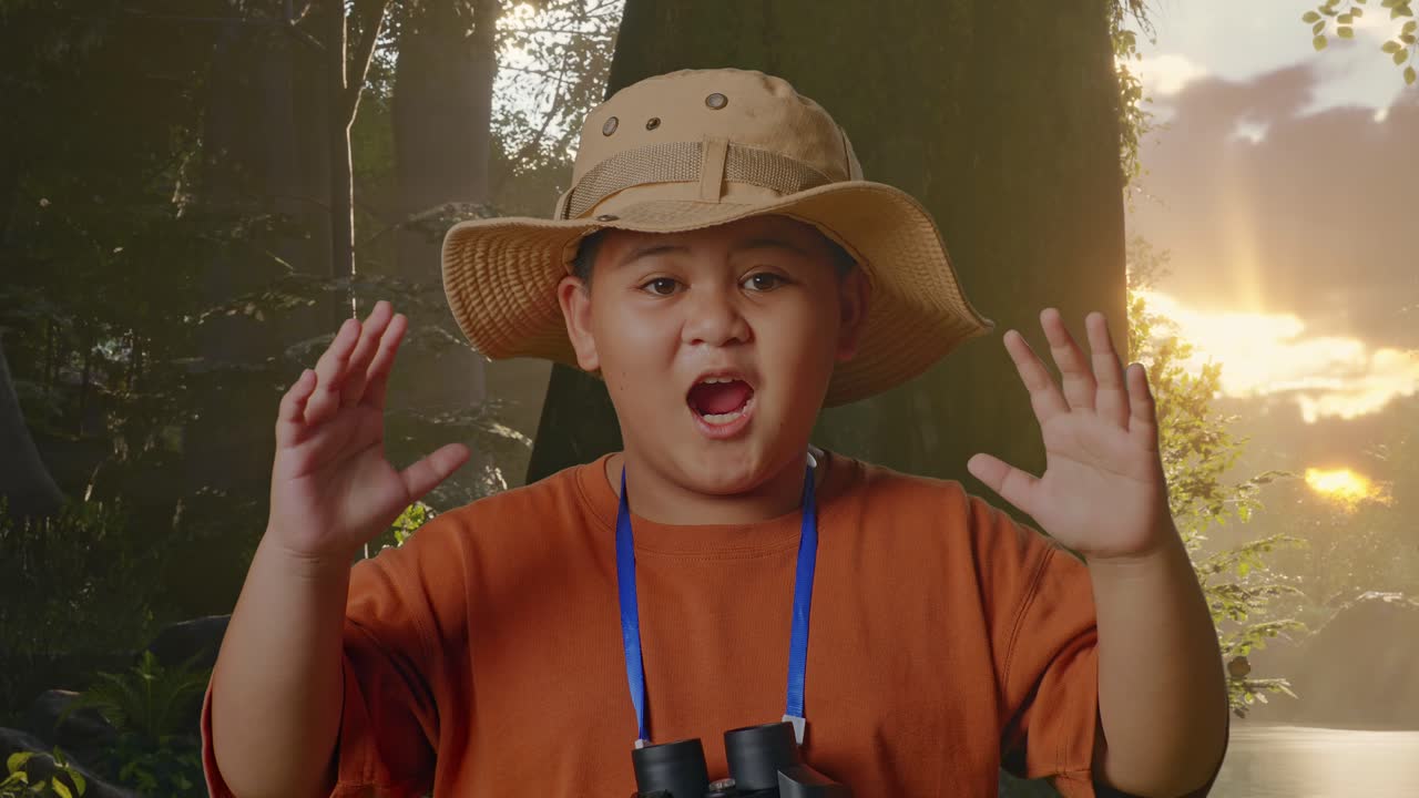 모자를 입은 아시안 소년은 안경을 통해 보고 와우라고 말합니다. 소년 연구자는 숲, 자연, 여행, 관광, 모험 개념, 근접을 탐구하는 동안 무언가를 조사합니다.