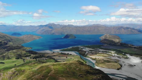 beautiful aerial view of lake wanaka surrounded by mountains, new zealand landscape