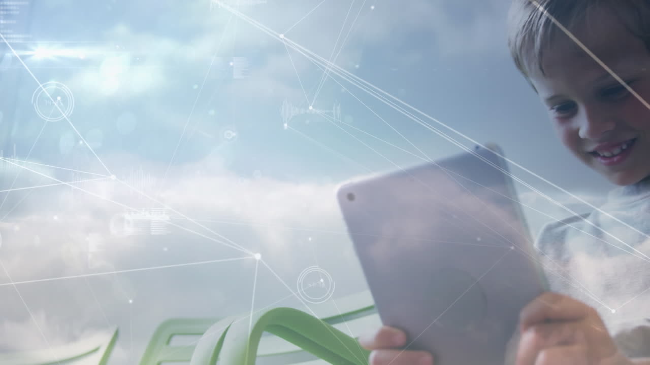 태블릿을 사용하는 소년에 대한 통계와 연결 네트워크의 애니메이션