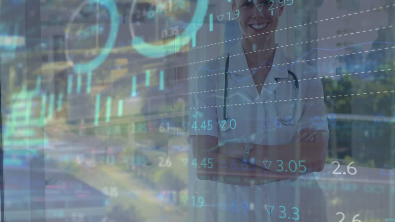 animación del procesamiento de datos sobre una doctora caucásica