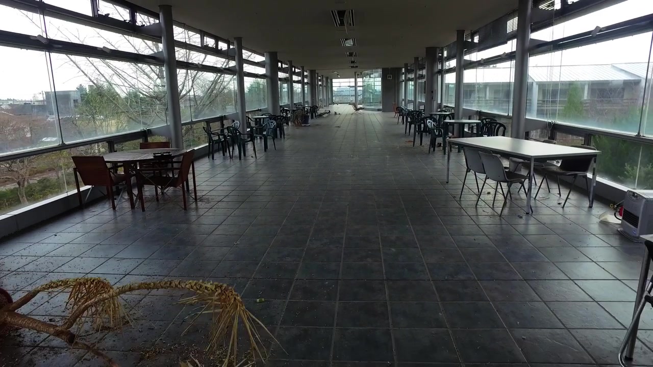 Somber forward movement revealing post-apocalyptic decay in a modern space.