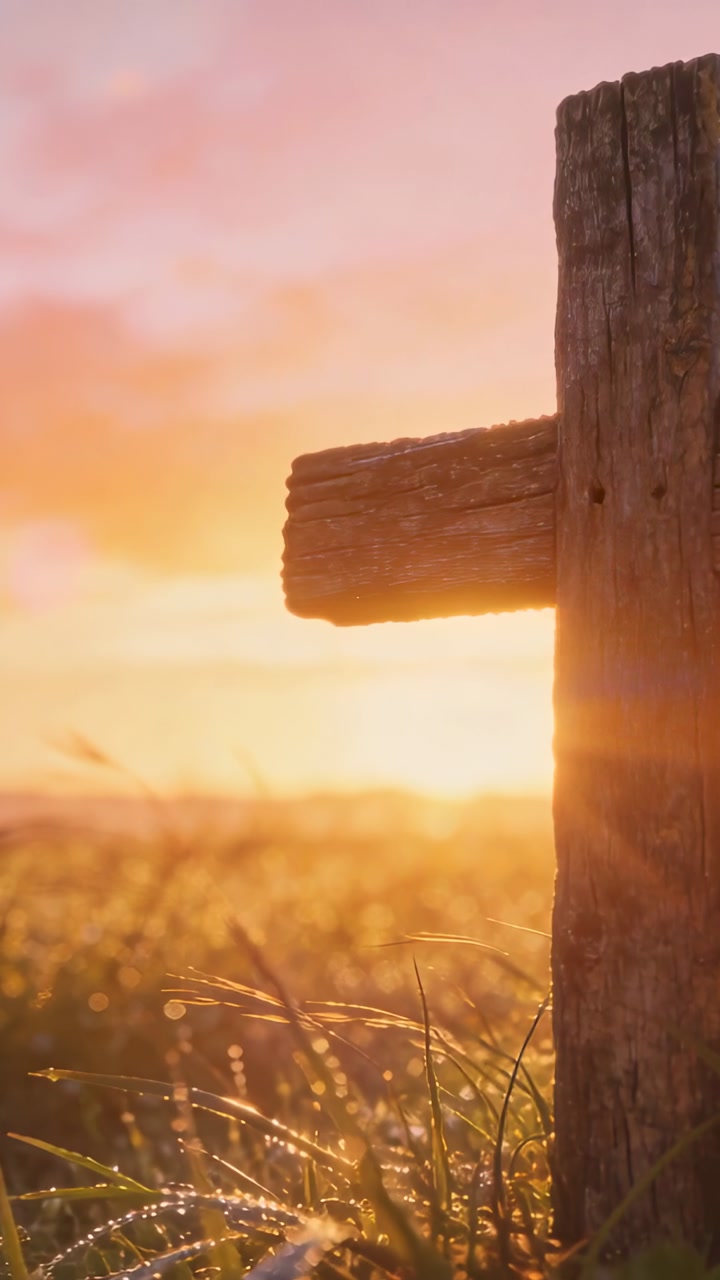 Vertical video: Rising sun warming field grass and dew, moving flare by weathered post, copy space