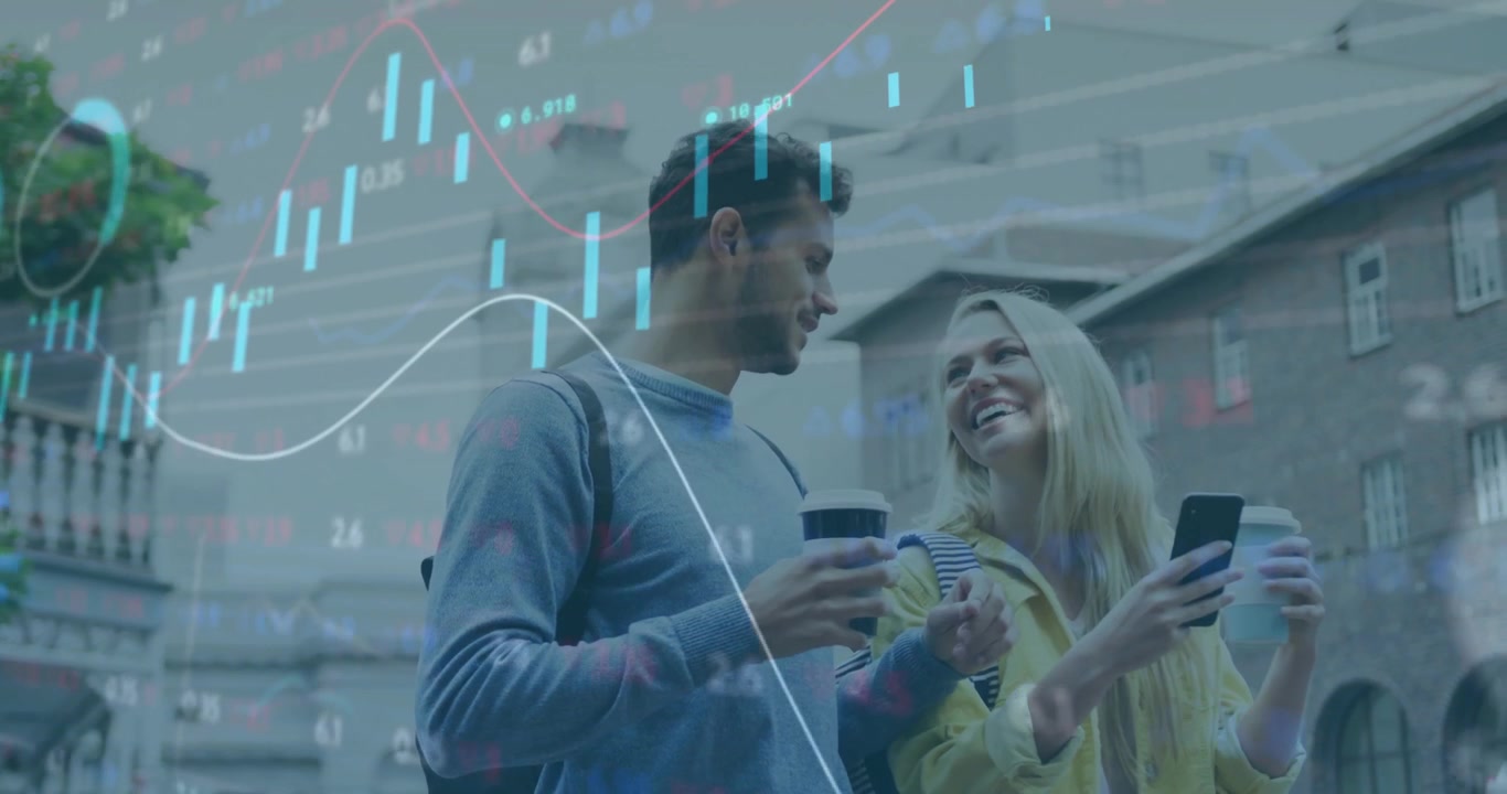 Couple walking into plaza lifting phone and examining animated financial charts for market insight