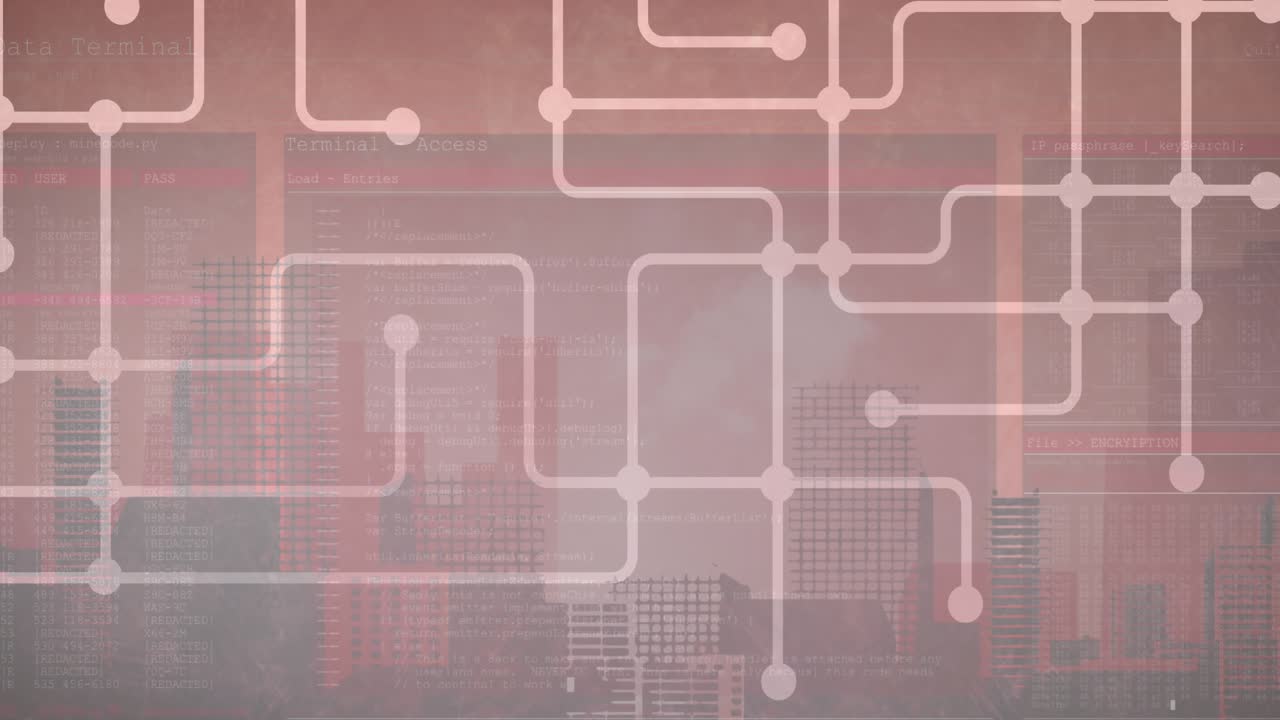 Animation of network of connections and data processing over cityscape