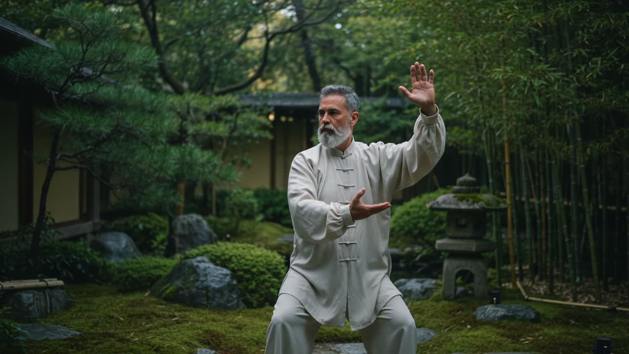 Mastering Tranquility: An Elegant Display of Tai Chi in a Serene Garden Setting, Capturing the Harmony Between Mind and Movement Through Fluid Gestures