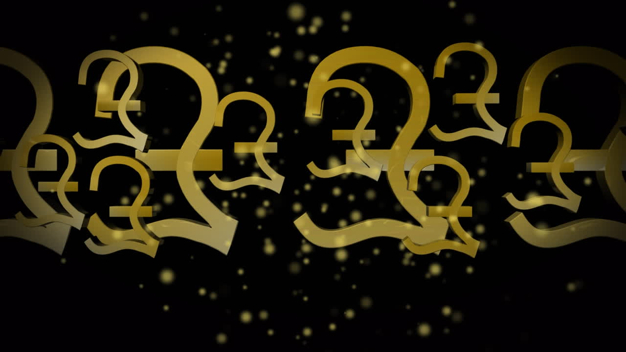 영국 파운드 표지판 과 검은색 배경 에 떠 있는 반 ⁇ 이는 반점 의 애니메이션