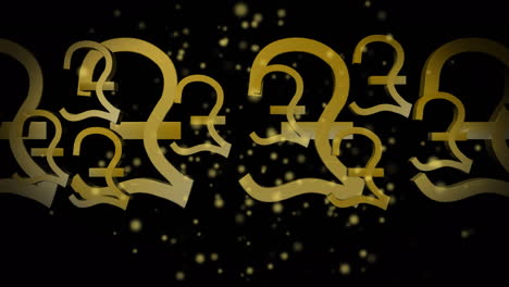 animation of british pound signs and glowing spots floating on black background