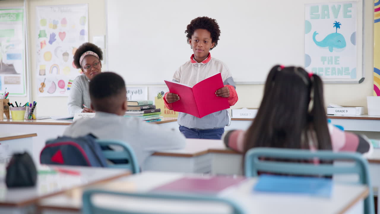 A young student gives a presentation in the classroom