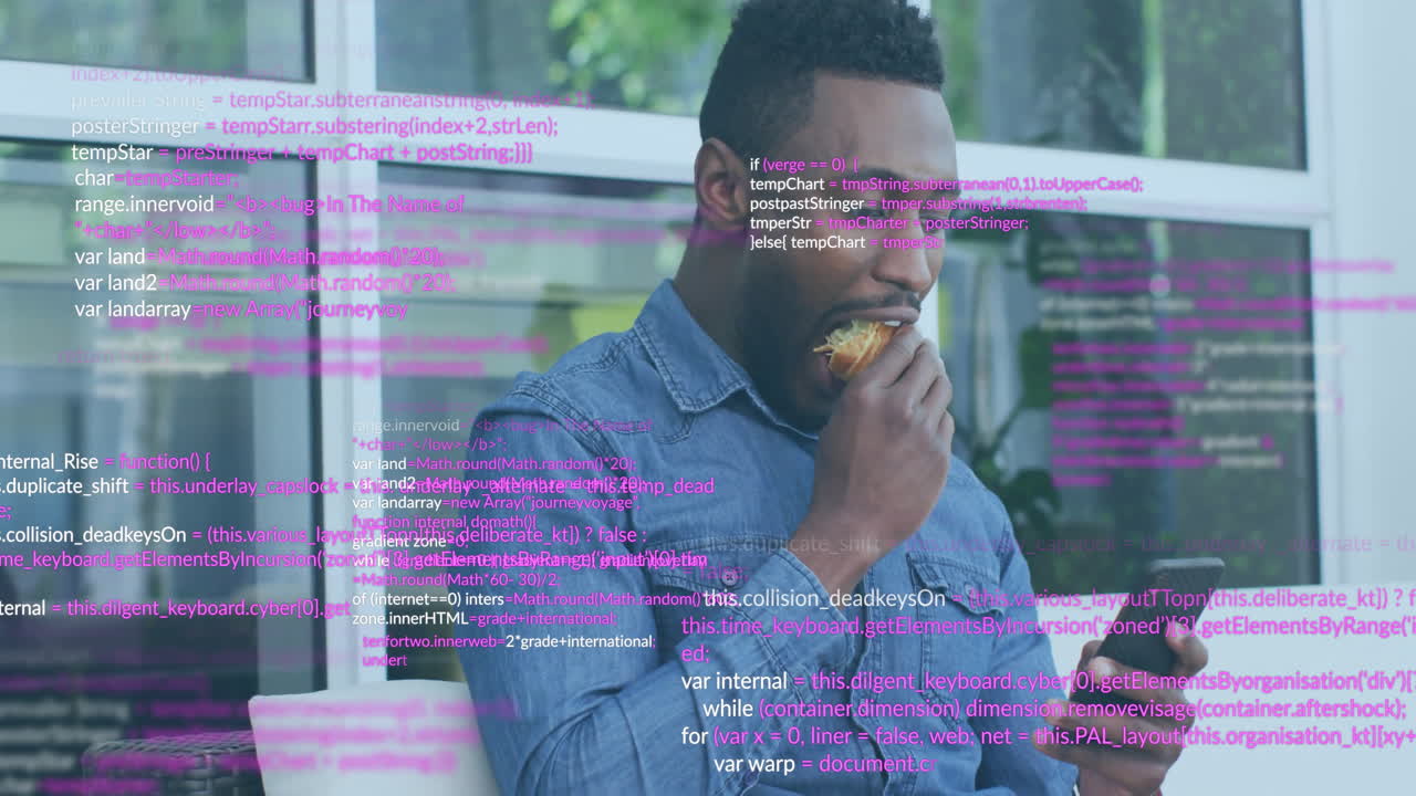 Animation of data processing over african american businessman using smartphone