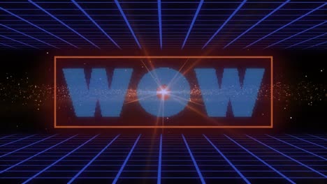 Animation-Von-Wow-Text-über-Blauem-Gitter-Und-Orangefarbener-Welle