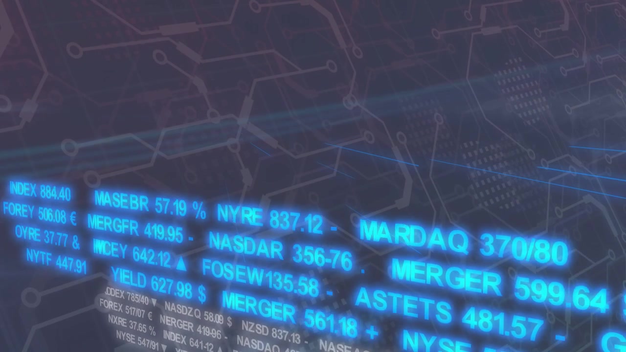Glowing market ticker appearing on feed, scrolling, showing market data, fading over circuit HUD