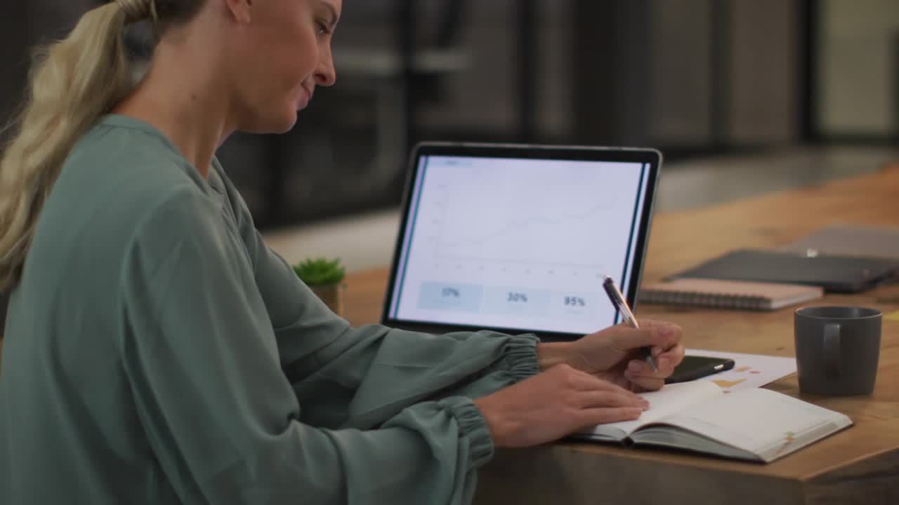 Woman noting notebook and glancing tech tablet charts initiating floating code overlay then fading