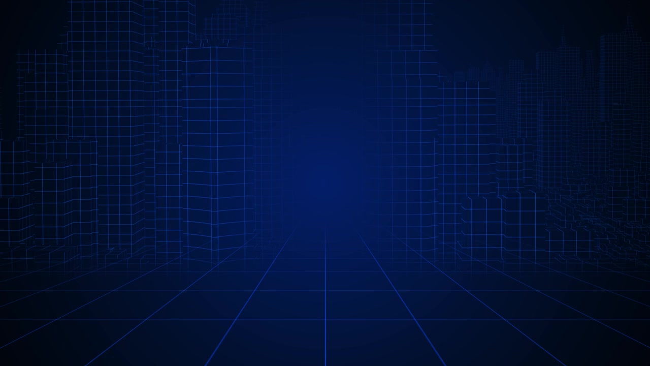 Blue city grid background dark futuristic skyline glowing floor perspective empty center space smart