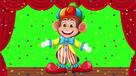 a playful clown monkey performs on a vibrant stage with confetti and bright colors, creating a joyful atmosphere