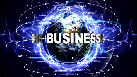 business text animation and earth, with keywords, loop