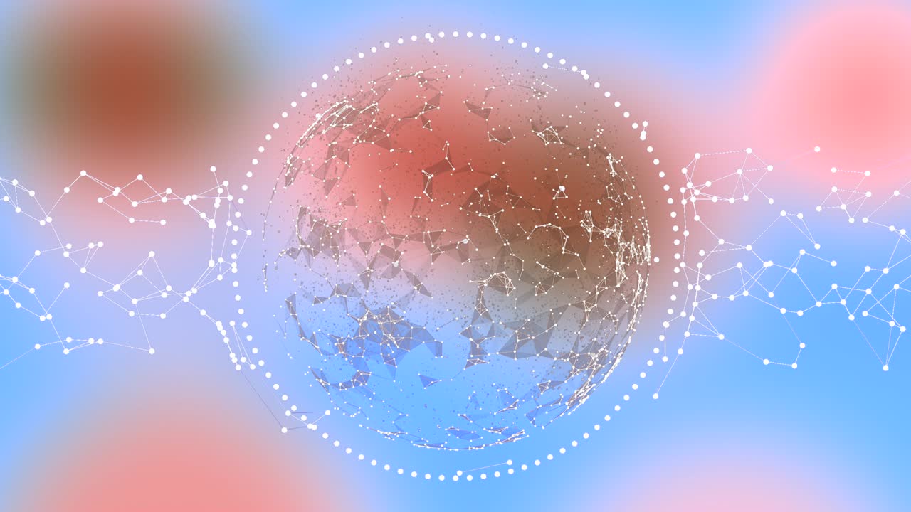 현대적인 그라디언트 핑크와 시안은 백색 점 반지에서 다각형 구와 함께 배경에 초점을 맞추지 않습니다.