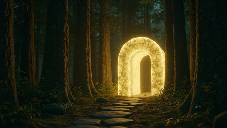 En gådefuld, lysende portal i en mystisk skov, omgivet af høje træer og blødt lys, der inviterer til udforskning af et overnaturligt rige på den anden side af grænsen