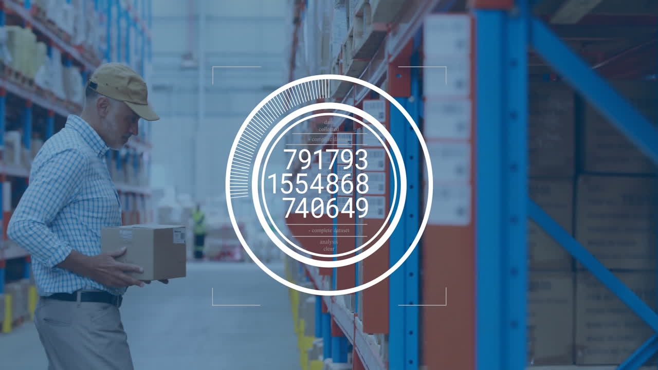 Animation of financial data processing over caucasian man working in warehouse