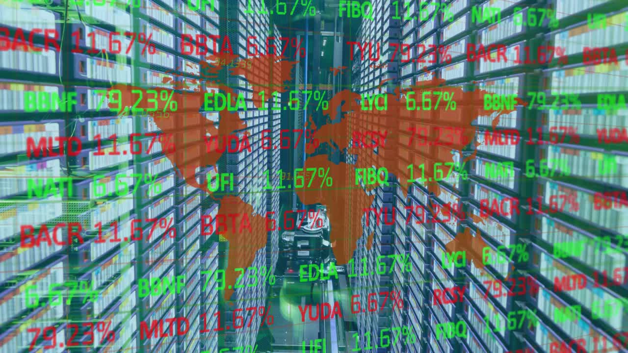 컴퓨터 서버를 통해 세계 지도 및 금융 데이터 처리의 애니메이션