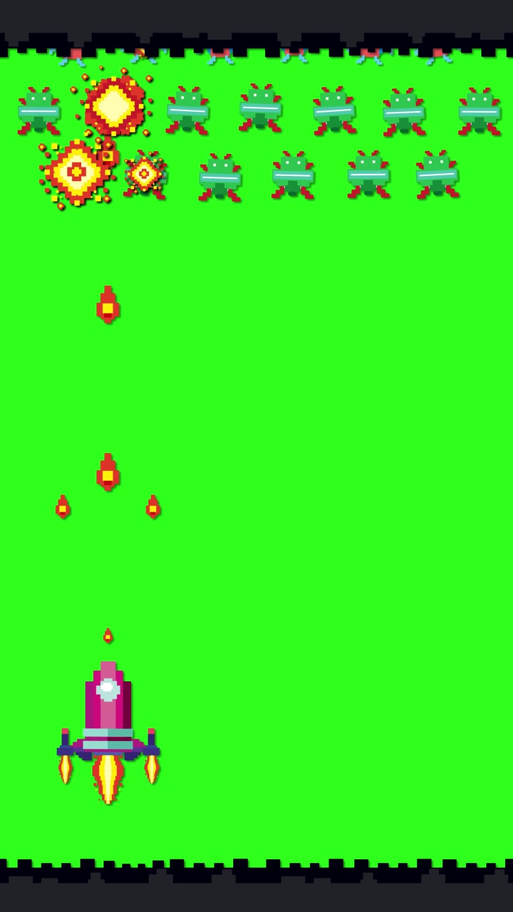 Gioco sparatutto spaziale in pixel art retrò su schermo verde