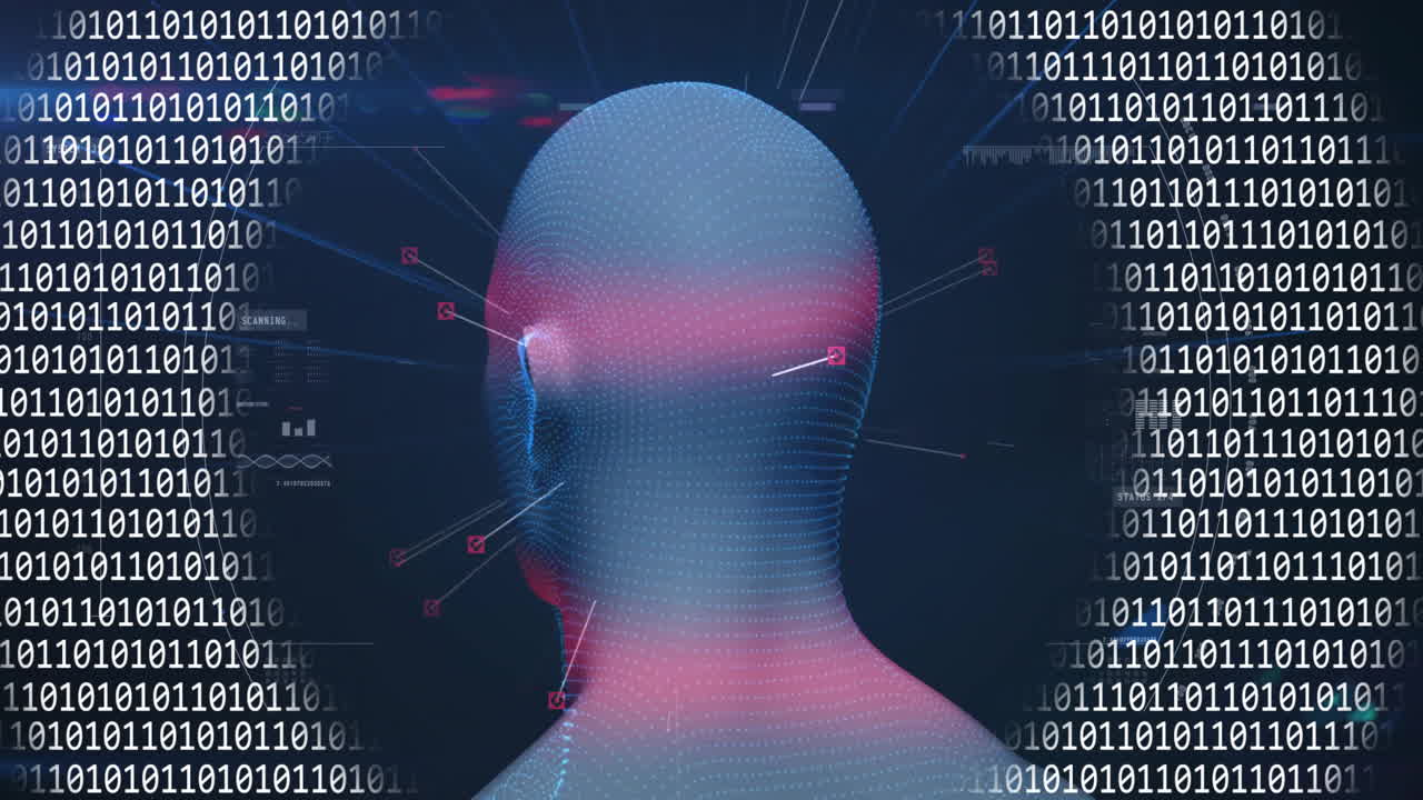 Animation of data processing over digital human with icons