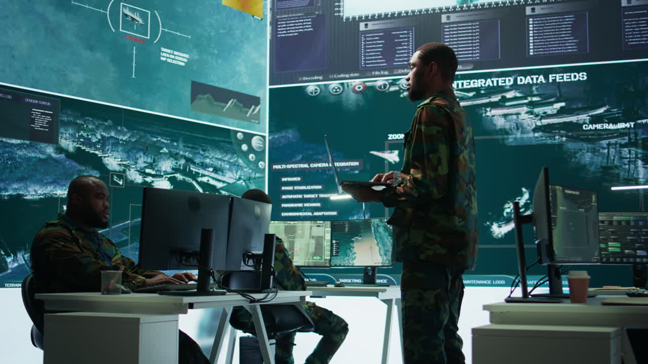 Team of military specialists operate in a secret service command post