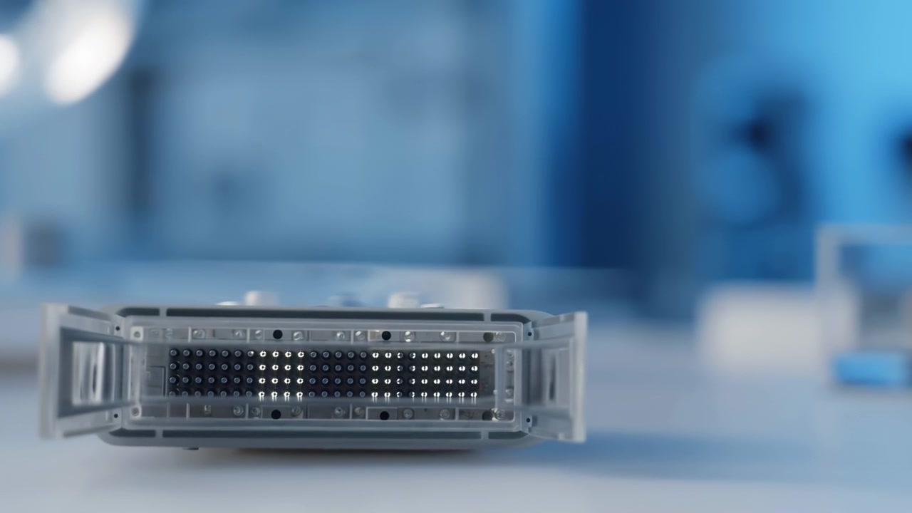 A compact server hardware unit rests on a clean desk in the lower center of the frame, set against a cool blue blurred technical background with soft studio