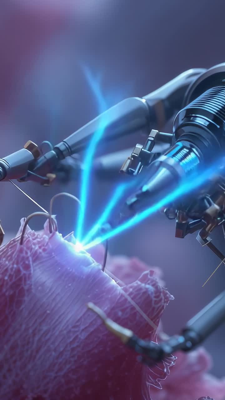 Vertical video: Emitting blue plasma conical-tip robot arms treating tissue in lab to repair, hooks