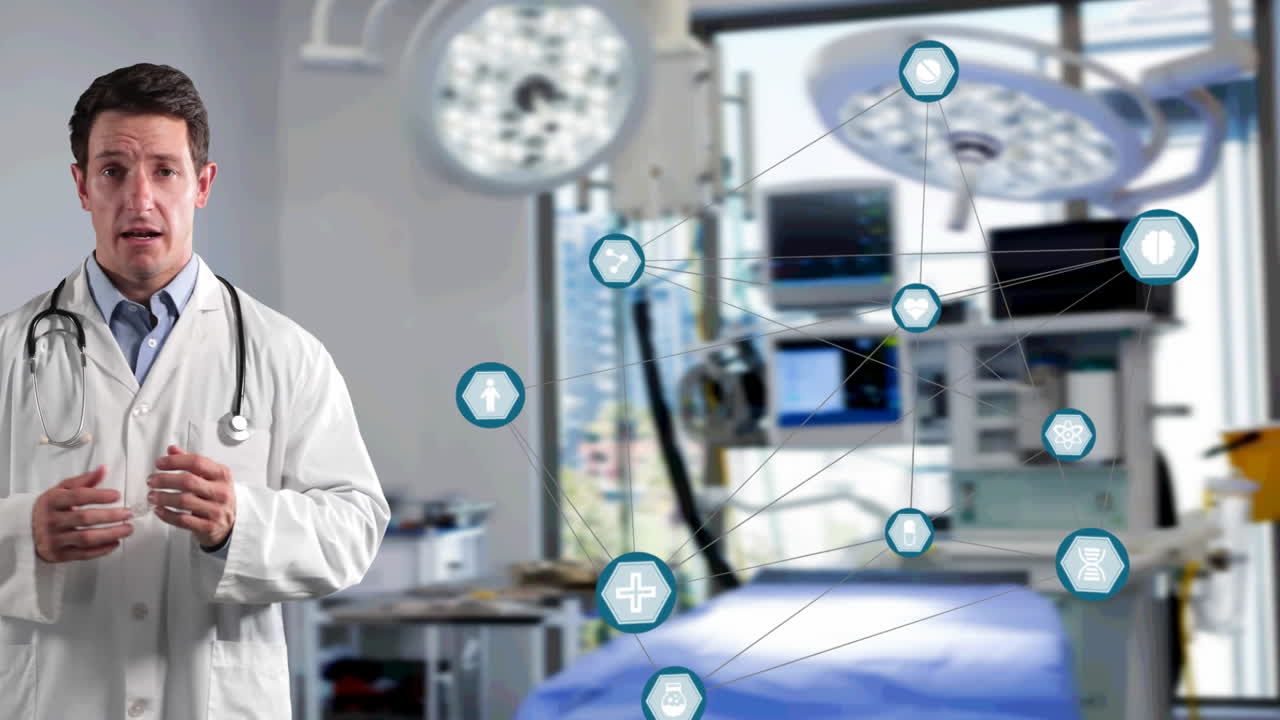 портрет кавказского мужчины-доктора, говорящего, глядящего в камеру на фоне вращающихся медицинских икон.