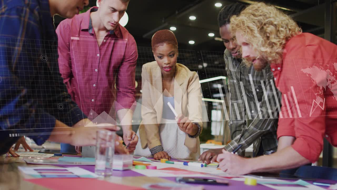 Project lead pointing at pink sheet, guiding team clustering sticky notes in business planning