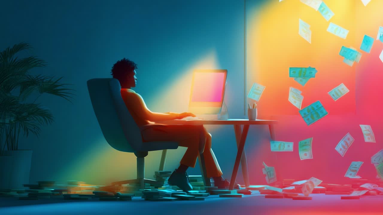 A Surreal Visualization of Wealth and Ambition: A Person Seated at a Desk Surrounded by Floating Currency, Bathed in Colorful Light, Representing Dreams of Financial Success
